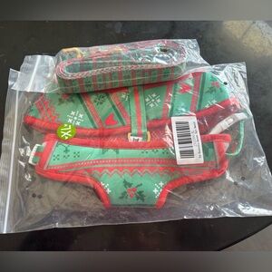 Frenchie Bulldog Green and Red Ugly Sweater Reversible Dog Harness Set